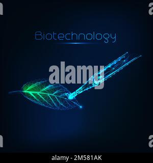 Futuristic biotechnology concept with glowing low polygonal green leaf and glass dropper on dark blue background. Sample testing, agricultural researc Stock Vector