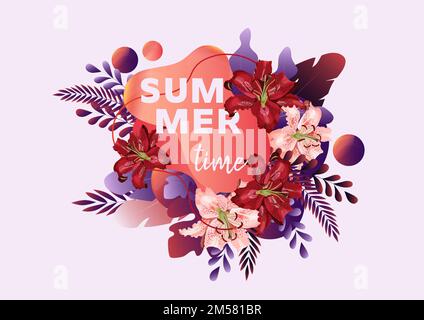 Summer time banner template with bright and colorful lily flowers, leaves and abstract liquid shapes and text isolated on white background. Modern des Stock Vector