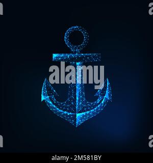 Futuristic glowing low polygonal anchor icon isolated on dark blue background. Sailing, sea adventure symbol. Wireframe design vector illustration. Stock Vector
