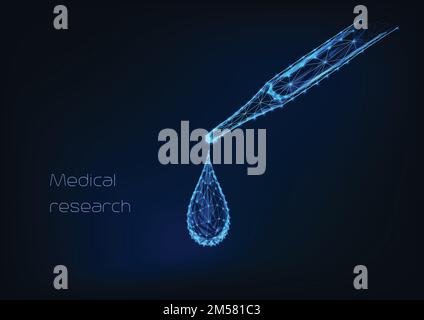 Medical pipette with liquid and falling droplet made of lines, dots, triangles, stars on dark blue background. Scientific pharmaceutical research conc Stock Vector