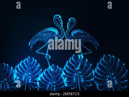 Tropical summer concept with glowing low poly couple of flamingos and monstera leaves on dark blue background. Futuristic wireframe design vector illu Stock Vector