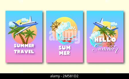 Summer holiday flyers set template with palm trees, airplane, ocean waves, ship wheel, fish, clouds, sun on the gradient sunset sky. Cartoon vector il Stock Vector
