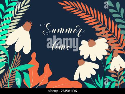 Summer landscape background with flat chamomile flowers and various grassland plants on dark blue and text summer time. Flat design vector illustratio Stock Vector