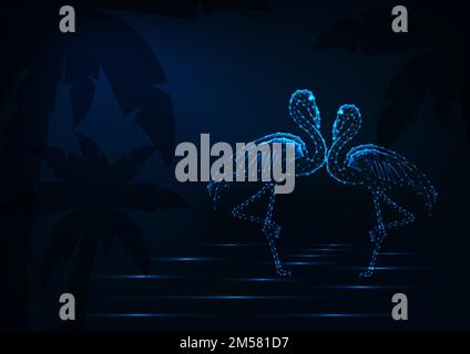 Couple of dancing and kissing flamingos standing in a water on dark night beach background with palm trees. Love, honeymoon wedding concept. Futuristi Stock Vector