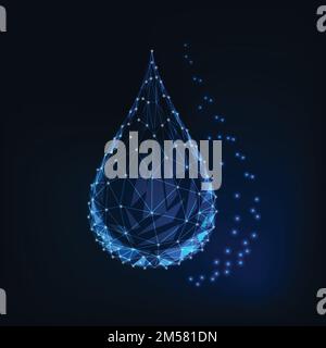 Drop, droplet of water, oil or cosmetics on abstract fututristic starry sky background. Lines, dots, triangles, low poly polygonal wireframe design. V Stock Vector