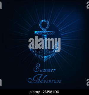 Summer adventure web banner template with glowing low polygonal anchor symbol, sun rays and text. Sailing concept. Futuristic wireframe design vector Stock Vector