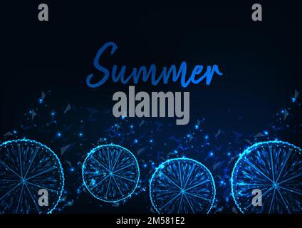 Summer web banner template with glowing low polygonal lemon slices, copyspace and text on dark blue background. Futuristic wireframe design vector ill Stock Vector