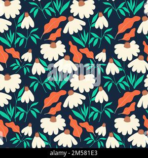 Seamless pattern with chamomile flowers and leaves on dark blue background. Hand drawn flat design vector illustration. Stock Vector