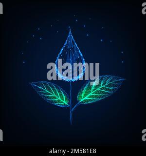 Futuristic glowing low polygonal plant made of water drop as a flower and green leaves. Ecology concept. Modern design vector illustration. Stock Vector