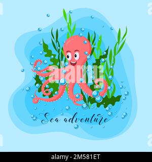 Green octopus swim in ocean water at night. Vector cartoon illustration ...