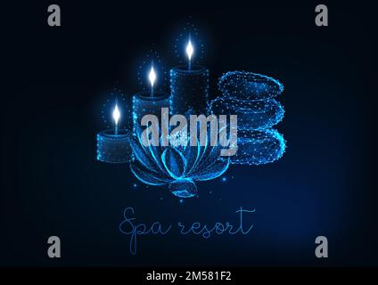 Spa resort futuristic concept with glowing low poly lotus flower, aromatic candles and zen stones and text on dark blue background. Modern wireframe d Stock Vector