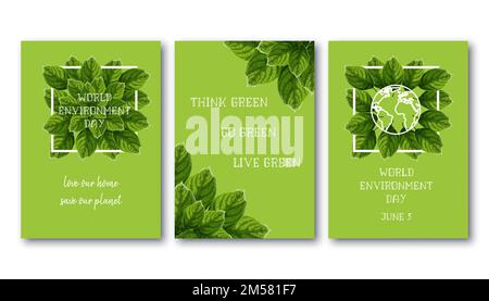 World Environment Day posters set template with green textured leaves, white frame, planet globe outline and slogan text on green background. Vector i Stock Vector