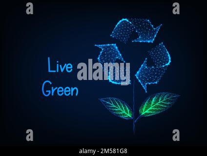 Futuristic ecological web banner with flower symbol made of glowing low polygonal recycle sign and green leaves and text on dark blue background. Envi Stock Vector