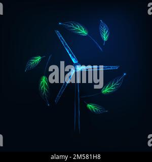 Futuristic sustainable energy concept with glowing low poly wind turbine generator and green leaves on dark blue background. Renewable electric energy Stock Vector