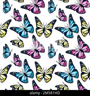 Bright colorful flying butterflies seamless pattern on white background. Vector illustration. Stock Vector