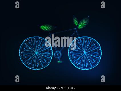 Futuristic bicycle made of lemon slices,and green leaves. Eco tourism, ecological lifestyle concept. Futuristic wireframe glowing low polygonal vector Stock Vector