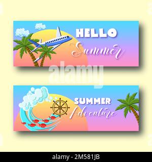 Summer holiday banners set template with palm trees, airplane, ocean waves, ship wheel, fish, clouds, sun on the gradient sunset sky. Cartoon vector i Stock Vector