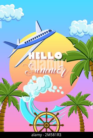 Hello Summer poster template with palm trees, airplane, ocean waves, ship wheel, fish, clouds, sun on the gradient sunset sky. Cartoon vector illustra Stock Vector
