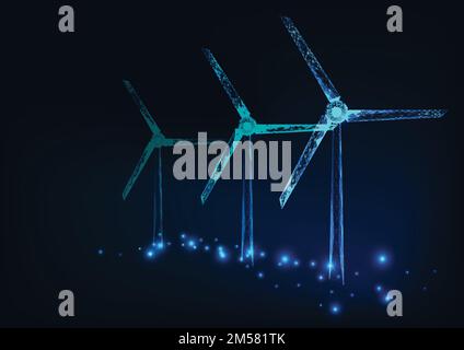 Three wind mills made of glowing triangles, lines, dots. Wind turbines field. Renewable alternative sources of electric energy. Low polygonal wire fra Stock Vector