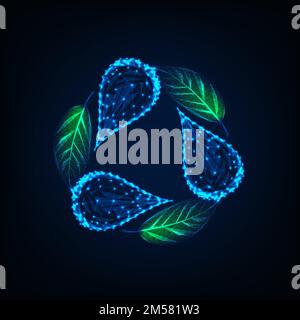 Futuristic recycle sign made of glowing low polygonal water drops and green leaves isolated on dark blue background. Ecology logo, recycling concept. Stock Vector