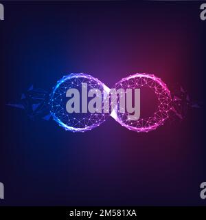 Futuristic glowing low polygonal purple to blue infinity symbol made of stars, lines, triangles isolated on dark background. Modern design vector illu Stock Vector