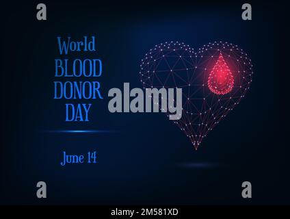World blood donor day web banner template with glowing low poly blood drop and heart symbol and text on dark blue background. Futuristic wireframe des Stock Vector