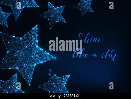 Modern design digital web banner with glowing stars made of lines, dots, triangles and text on dark blue. Futuristic wireframe design vector illustrat Stock Vector