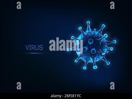 Futuristic Flu virus cell isolated on dark blue background. Pathogenic viral infection, epidemiology concept. Glowing low polygonal design vector illu Stock Vector