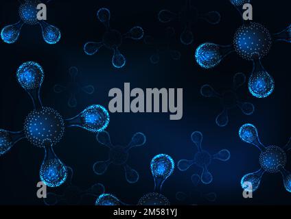 Futuristic 3d atoms, molecules scientific abstract background on dark blue. Glowing low polygonal wireframe design. Vector illustration. Stock Vector
