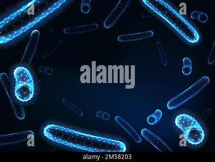 Futuristic low polygonal bacteria bacilli background with space for text on dark blue. Healthcare, bacterial infection research concept. Modern wirefr Stock Vector