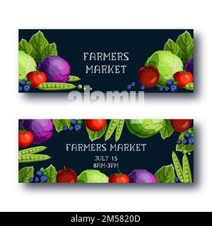 Farmers market banners set template with fresh vegetables and fruits cabbage, peas, tomato, apple, blueberry and text on black background. Colorful ca Stock Vector