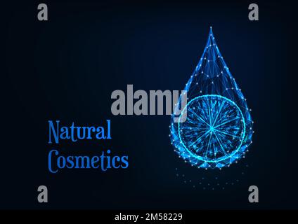 Futuristic glowing low polygonal essential oil drop with lemon slice and text isolated on dark blue background. Natural cosmetics concept. Modern desi Stock Vector