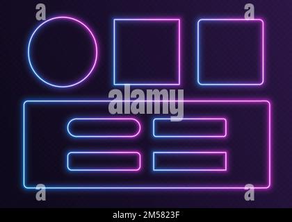 Neon frames set, glowing UI borders kit - buttons, avatar frames, banner outline. Stock Vector