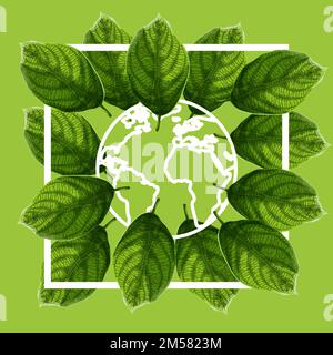 World Environment Day poster template with green textured leaves, white frame, planet globe outline on green background. Vector illustration. Stock Vector