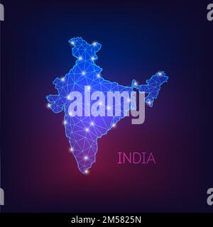 Futuristic glowing low polygonal India map silhouette made of lines, dots, star, triangles isolated on dark blue to purple gradient background. Modern Stock Vector