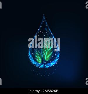 Futuristic glowing transparent low polygonal water drop with green leaves isolated on dark blue background. Ecology, environment care concept. Modern Stock Vector