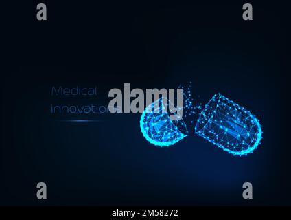 Glowing low polygonal open medicines capsule with powder drugs isolated on dark blue background. Medical innovations concept. Futuristic wireframe des Stock Vector