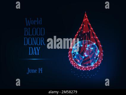 World blood donor day web banner template with glowing low poly blood drop and planet earth globe and text on dark blue background. Futuristic wirefra Stock Vector