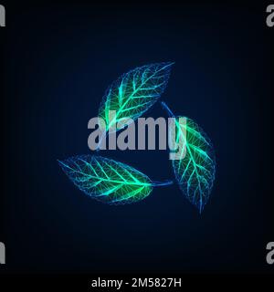 Recycle sign made of glowing transparent green leaves. Natural sustainable resources symbol. Environment conservation concept. Futuristic wireframe lo Stock Vector
