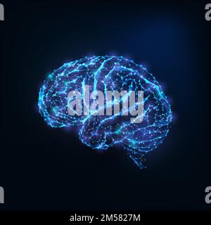 Futuristic glowing low polygonal brain made of connected lines, stars, dots, triangles isolated on dark blue background. Neurology research, artificia Stock Vector