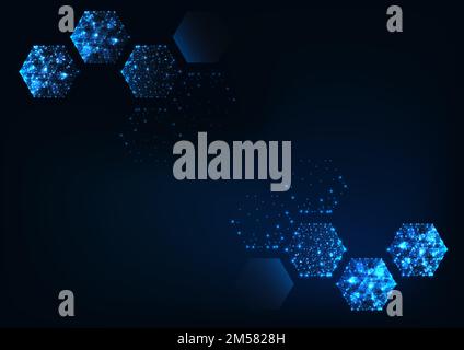 Futuristic scientific hexagonal dark blue background with space for text. Glowing low polygonal hexagons made of lines, stars, dots. Modern wireframe Stock Vector