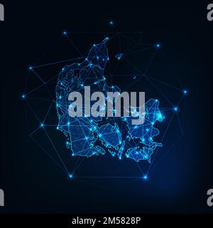 Danmark map outline. Communication, connection concept. Modern futuristic low polygonal, wireframe, lines and dots design. Vector illustration. Stock Vector