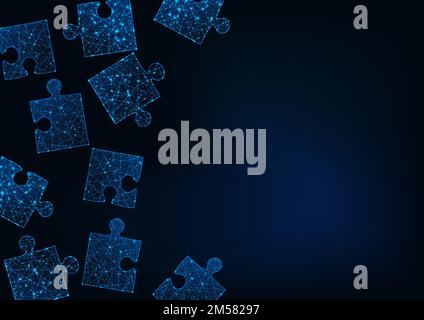 Futuristic glowing low polygonal jigsaw puzzle pieces abstract background with copy space for text on dark blue. Neon lines and stars network structur Stock Vector