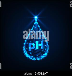 Futuristic glowing low polygonal cosmetics drop with pH balance isolated on dark blue background. Dermatologically tested sensitive skin care products Stock Vector