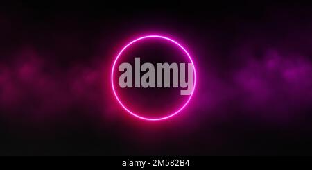 Neon circle frame with smoke cloud, glowing gradient ring with colorful fog. Illuminated realistic night scene. Stock Vector