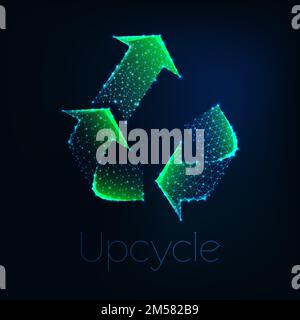 Futuristic glowing low polygonal green upcycle symbol made of lines, stars, triangles isolated on dark blue background. Recycling, ecologically friend Stock Vector