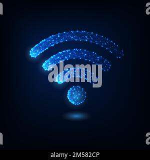 Futuristic glowing low polygonal wifi symbol made of stars, lines, dots, isolated on dark blue background. Modern design vector illustration. Stock Vector