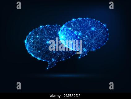 Two futuristic glowing low polygonal speech bubbles made of stars, lines, dots isolated on dark blue background. Communication, chatting, dialogue con Stock Vector