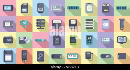 Gigabyte icons set flat vector. Big data. Cyber disk Stock Vector