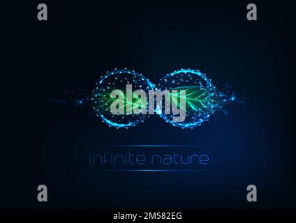 Futuristic glowing low polygonal infinity pool sign with green leaves made of lines, stars, triangles isolated on dark blue background. Endless nature Stock Vector